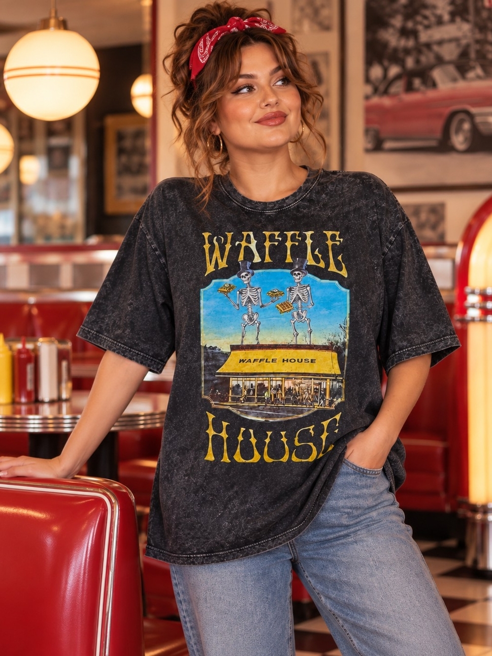 MODCLOTH HAUNTED WAFFLE HOUSE MINERAL WASH OVERSIZED TEE SZ XL